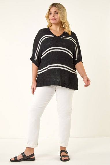 Roman Black Curve Stripe V-Neck Knit Jumper