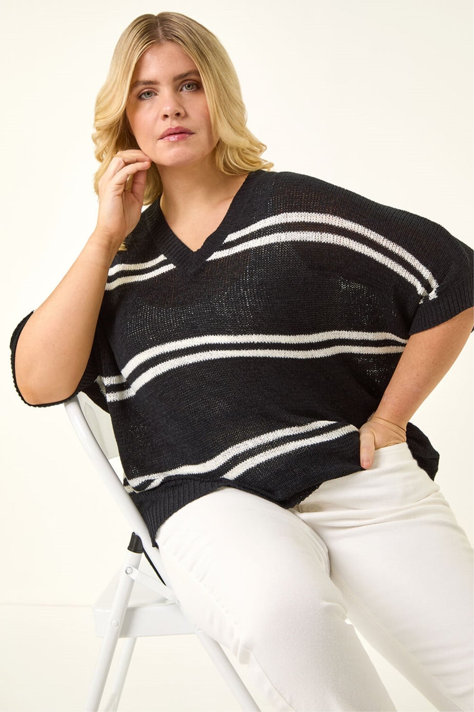 Roman Black Curve Stripe V-Neck Knit Jumper