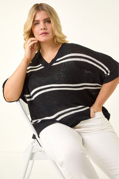 Roman Black Curve Stripe V-Neck Knit Jumper