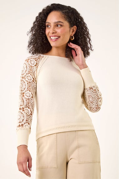Roman Ivory Crochet Sleeve Knit Jumper