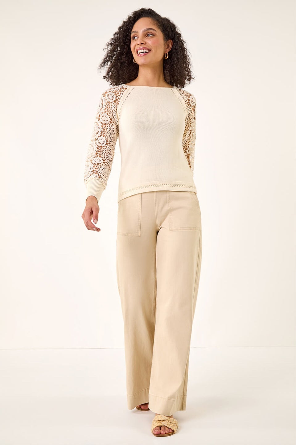 Roman Ivory Crochet Sleeve Knit Jumper
