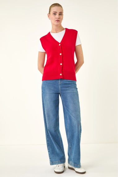 Roman Red Shell Button Front Knit Vest