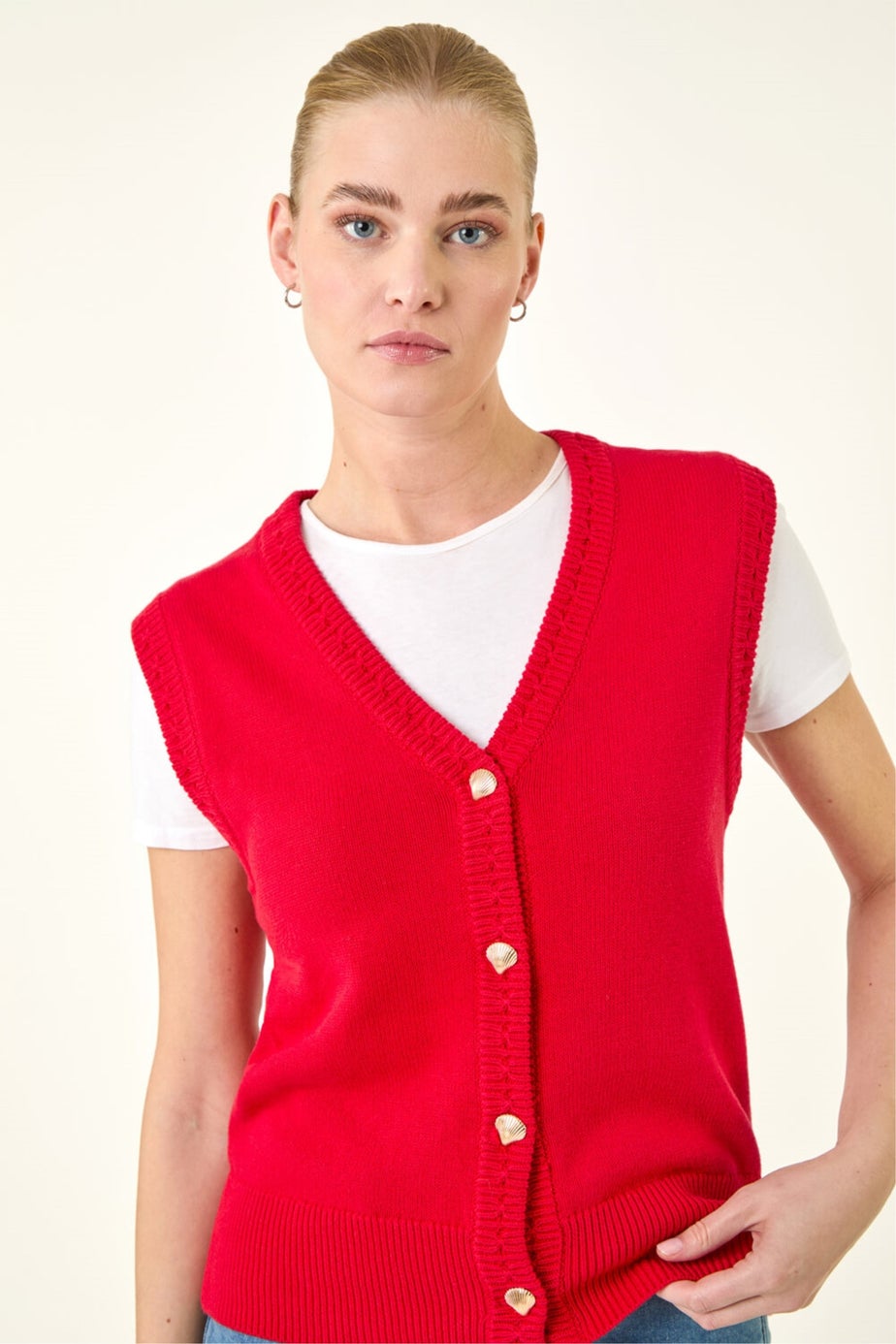 Roman Red Shell Button Front Knit Vest