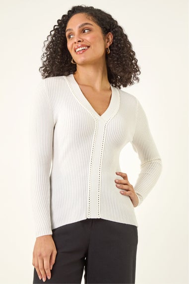 Roman Ivory Ribbed V-Neck Cable Knit Jumper
