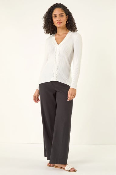 Roman Ivory Ribbed V-Neck Cable Knit Jumper