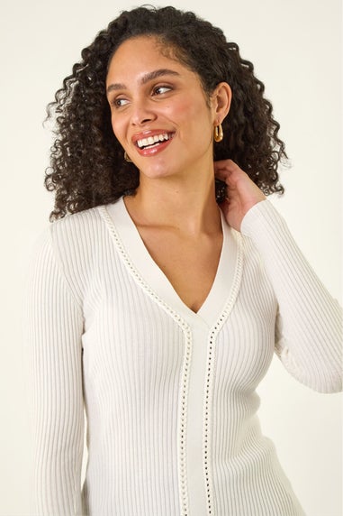 Roman Ivory Ribbed V-Neck Cable Knit Jumper