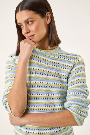 Roman Green Stripe Pointelle Crew Neck Knit