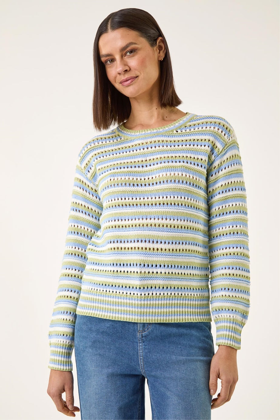Roman Green Stripe Pointelle Crew Neck Knit