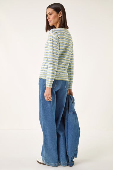 Roman Green Stripe Pointelle Crew Neck Knit