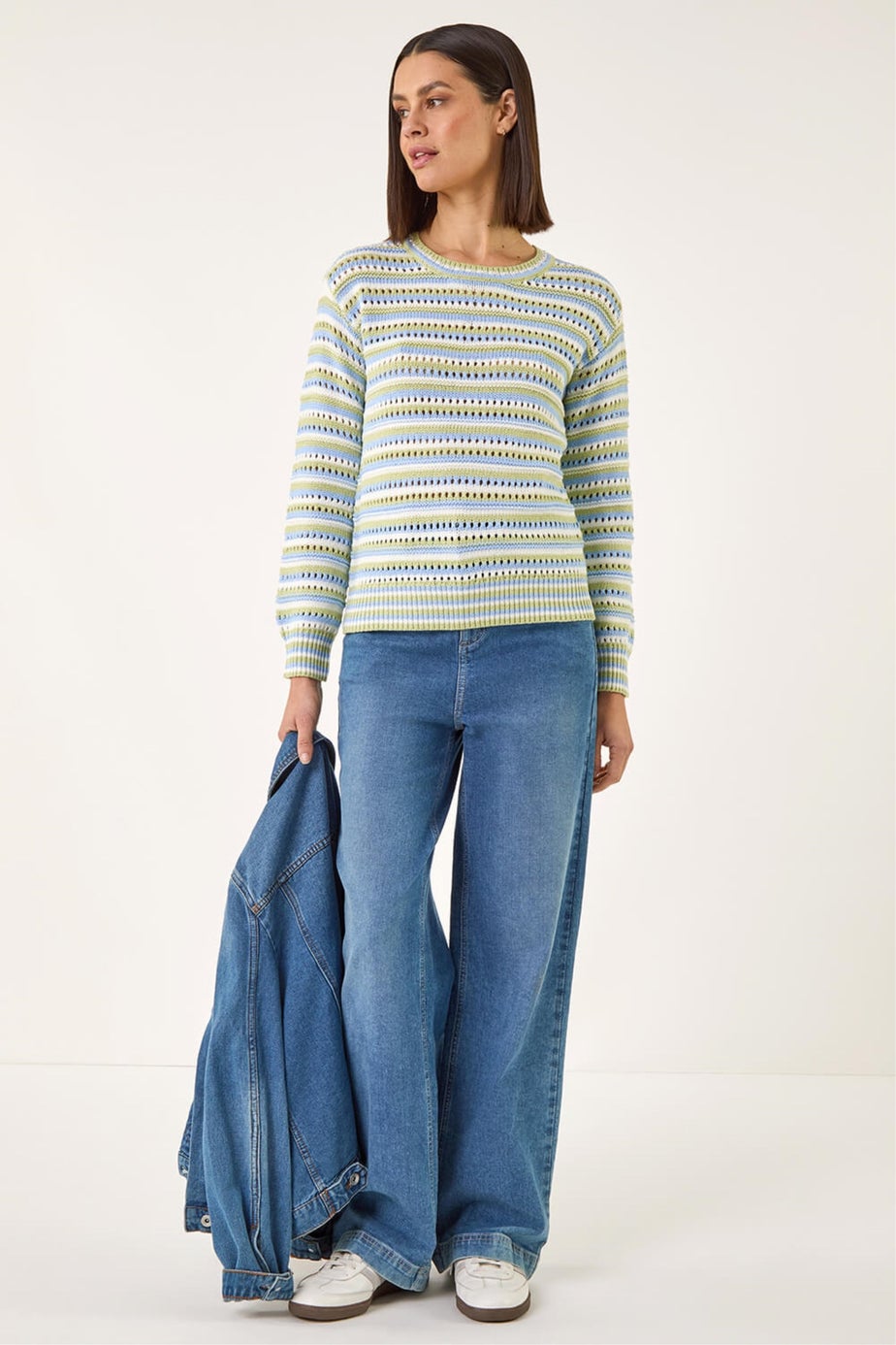 Roman Green Stripe Pointelle Crew Neck Knit