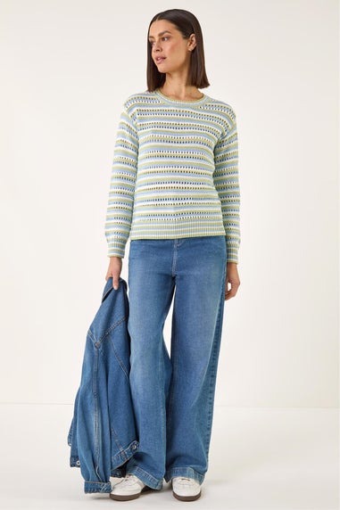 Roman Green Stripe Pointelle Crew Neck Knit