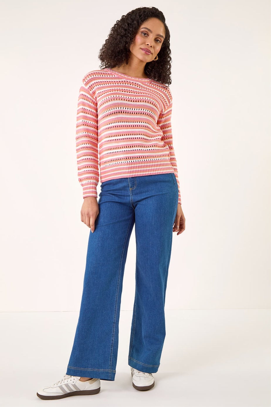 Roman Orange Stripe Pointelle Crew Neck Knit