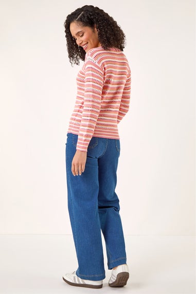 Roman Orange Stripe Pointelle Crew Neck Knit
