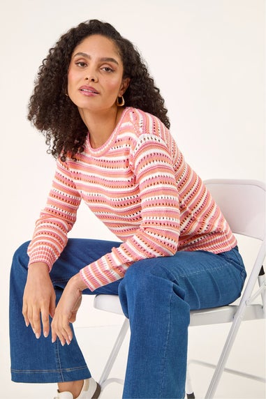 Roman Orange Stripe Pointelle Crew Neck Knit