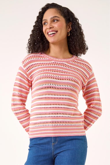 Roman Orange Stripe Pointelle Crew Neck Knit