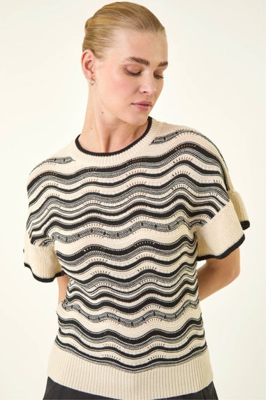 Roman Ivory Stripe Wave Frill Knit Top