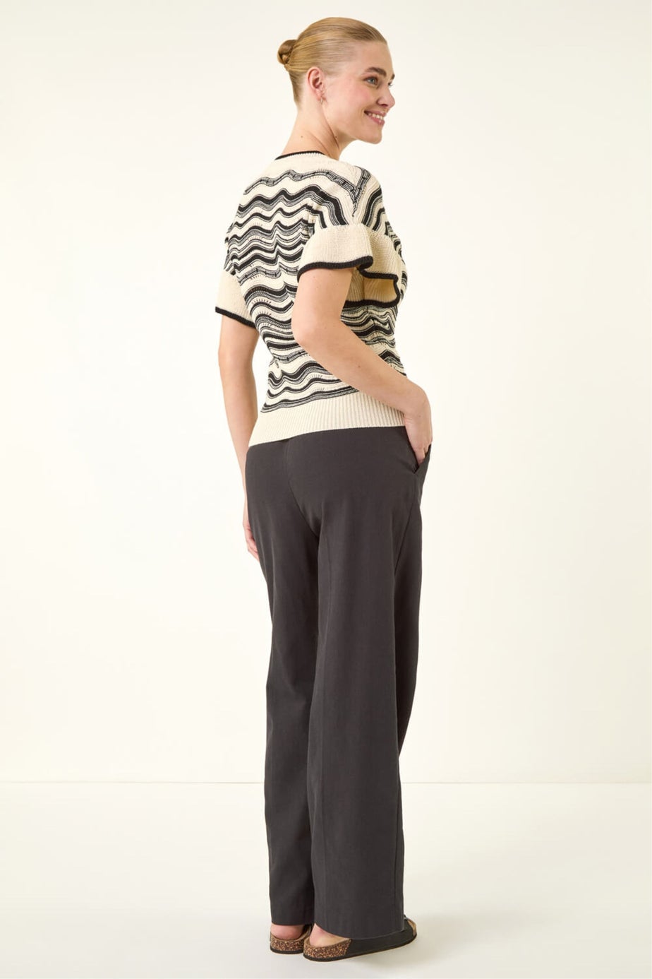 Roman Ivory Stripe Wave Frill Knit Top