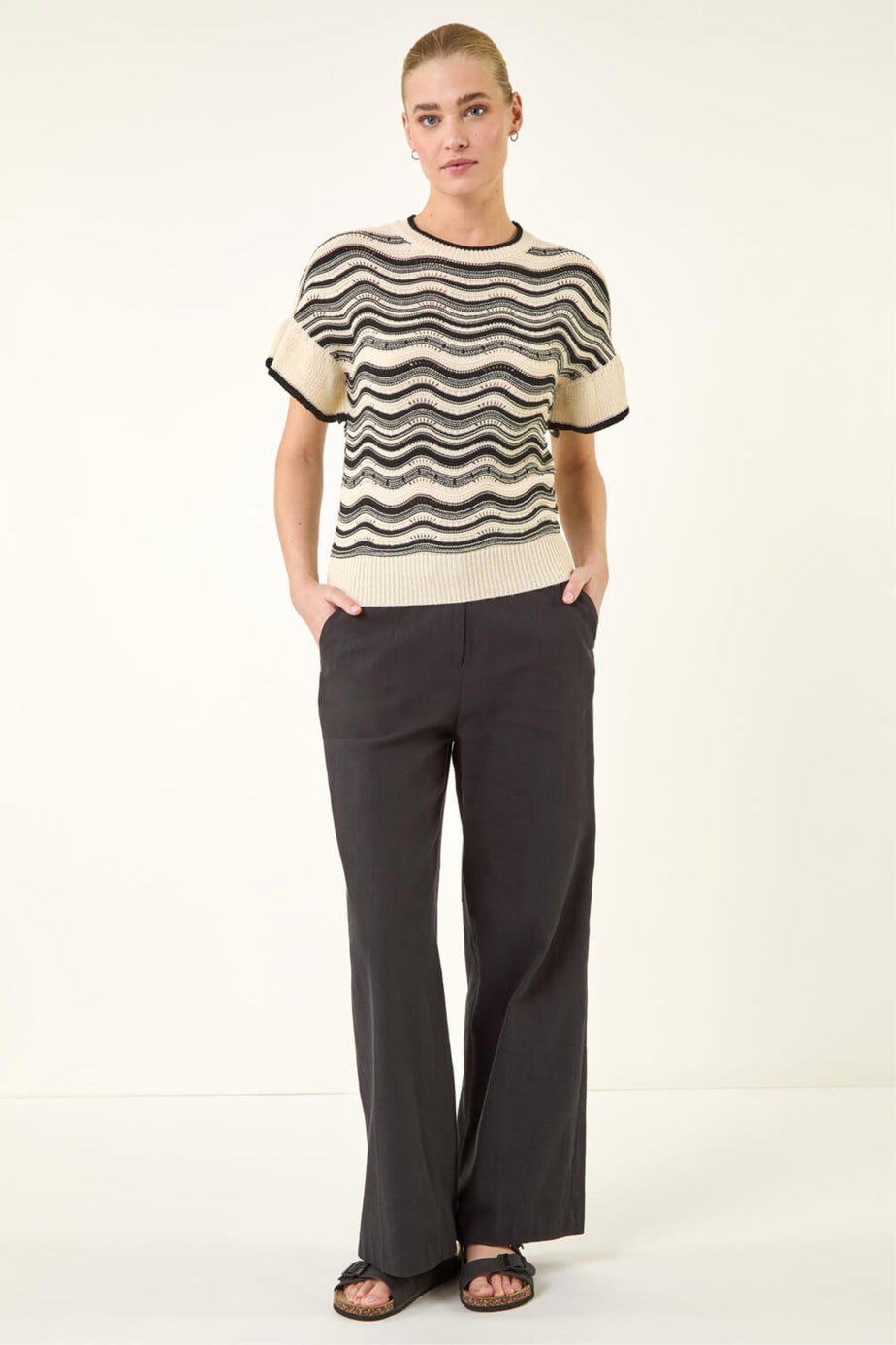 Roman Ivory Stripe Wave Frill Knit Top