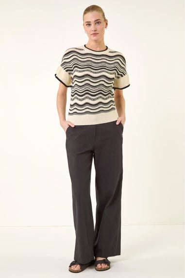 Roman Ivory Stripe Wave Frill Knit Top