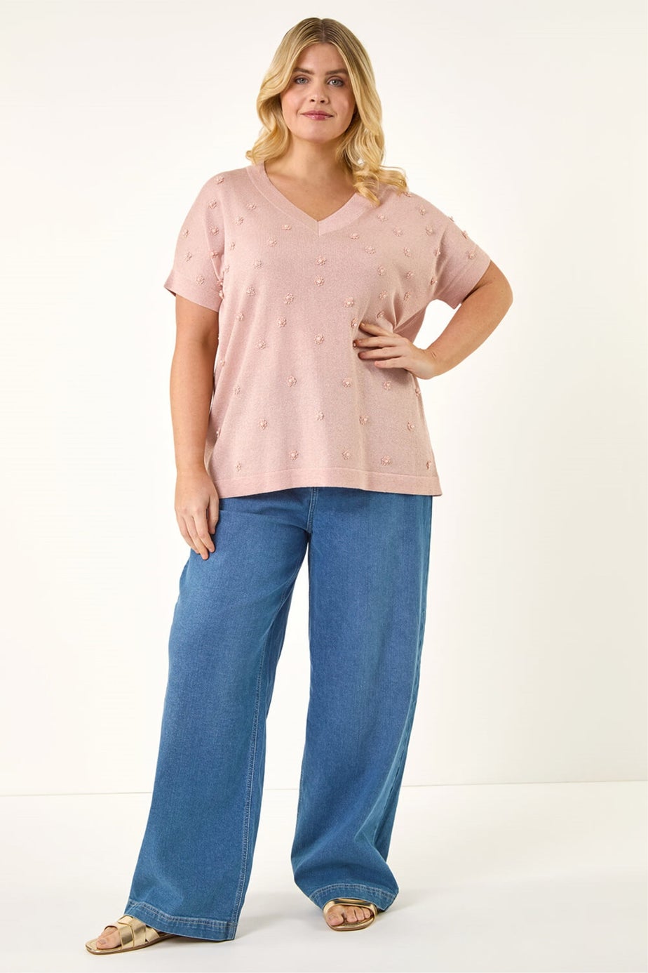 Roman Pink Curve Faux Pearl Embellished Top