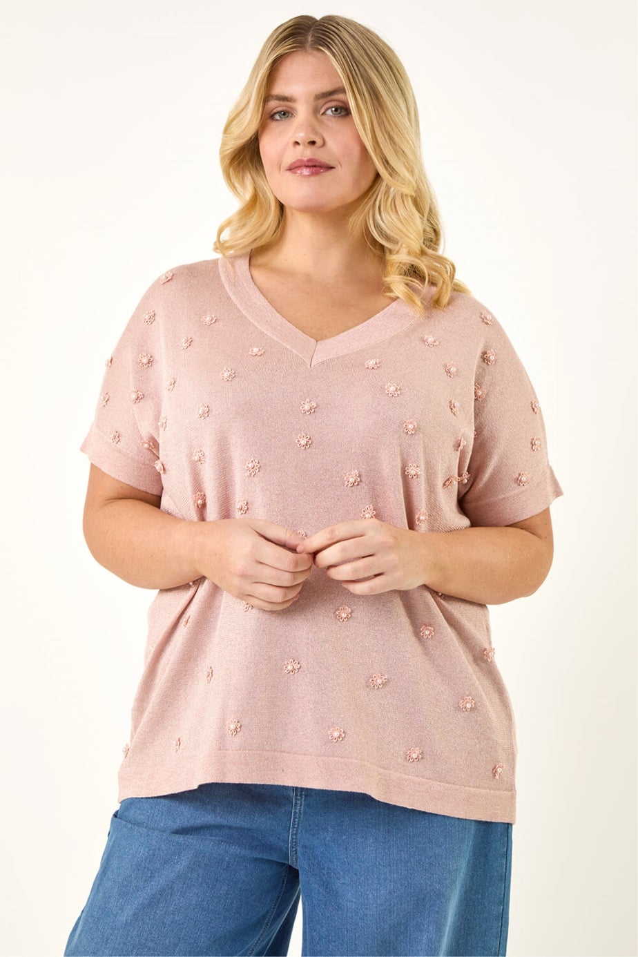 Roman Pink Curve Faux Pearl Embellished Top