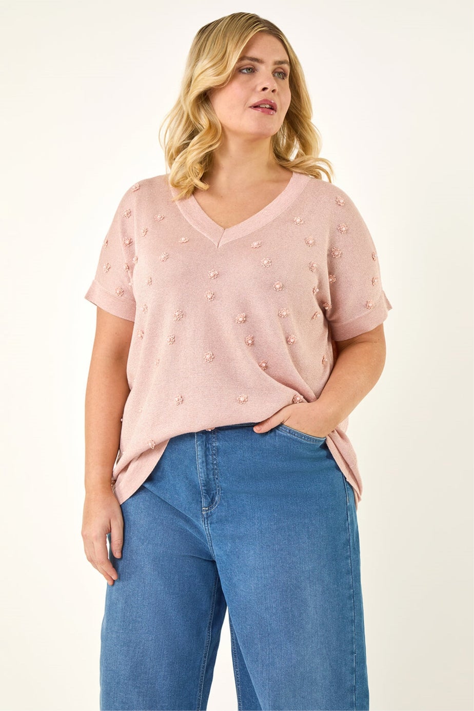 Roman Pink Curve Faux Pearl Embellished Top