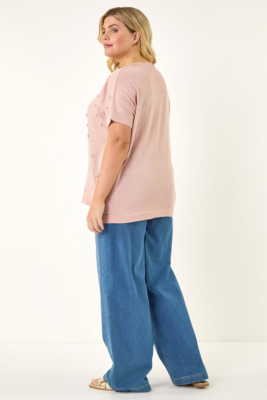 Roman Pink Curve Faux Pearl Embellished Top