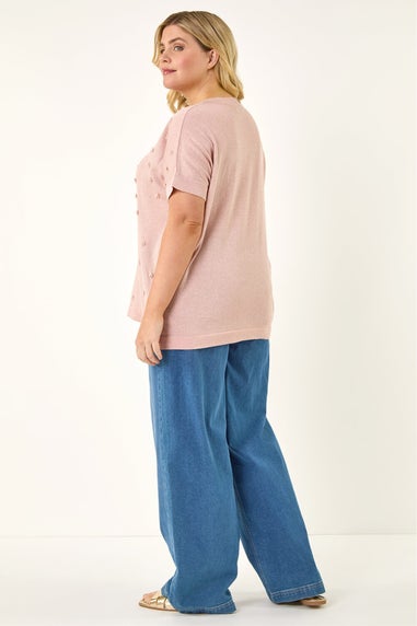 Roman Pink Curve Faux Pearl Embellished Top