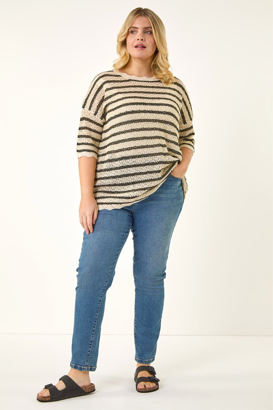 Roman Black Curve Scallop Hem Stripe Knit