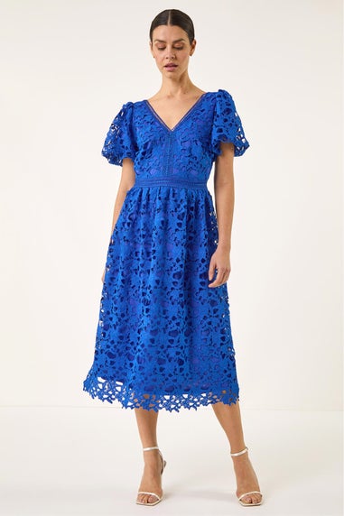 Roman Royal Blue Crochet Lace V-Neck Midi Dress