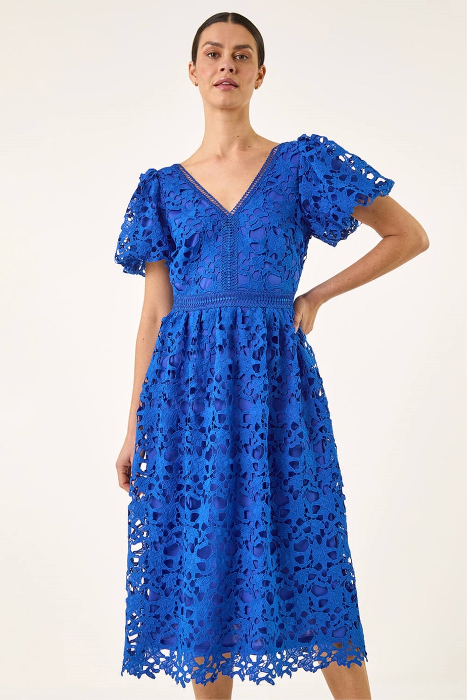 Roman Royal Blue Crochet Lace V-Neck Midi Dress