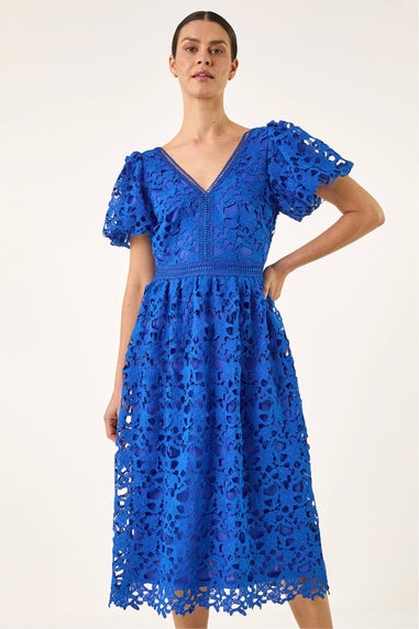 Roman Royal Blue Crochet Lace V-Neck Midi Dress