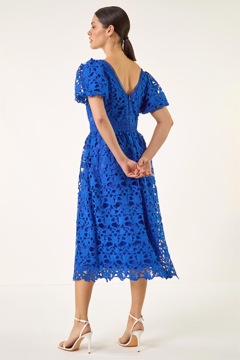 Roman Royal Blue Crochet Lace V-Neck Midi Dress