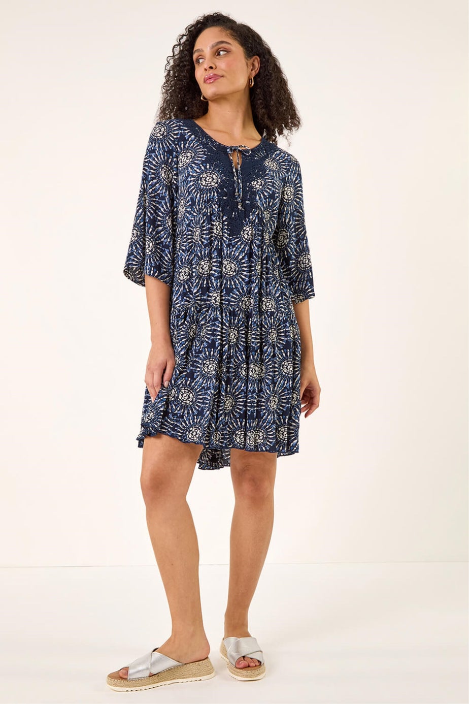 Roman Navy Geo Lace Detail Smock Dress