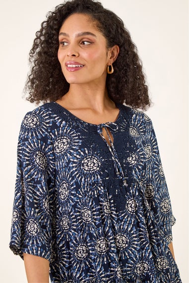 Roman Navy Geo Lace Detail Smock Dress