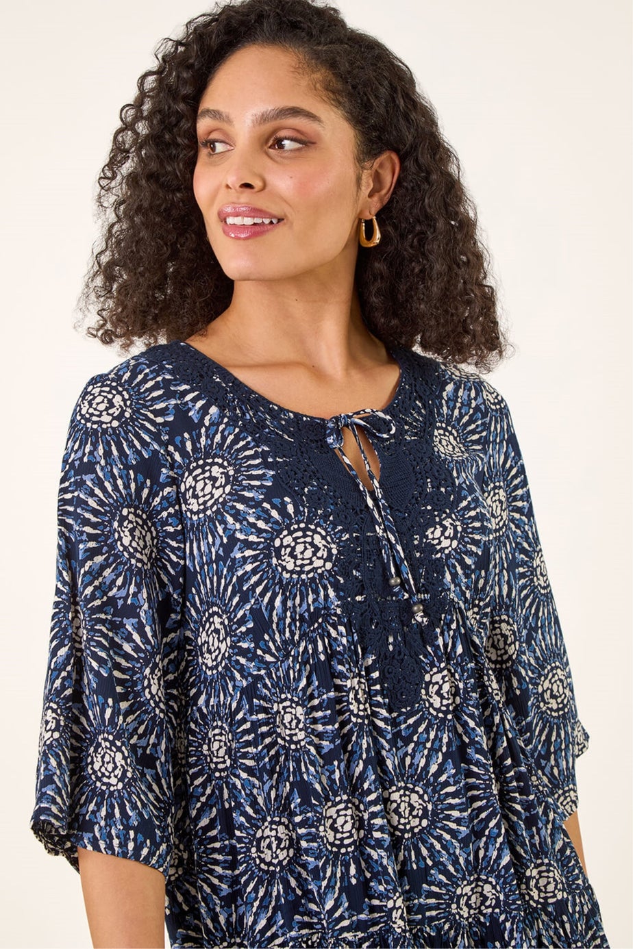 Roman Navy Geo Lace Detail Smock Dress