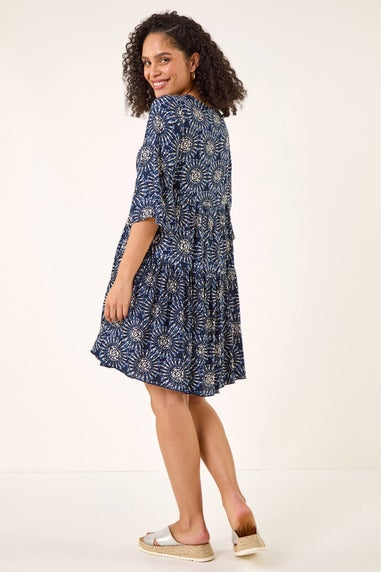 Roman Navy Geo Lace Detail Smock Dress