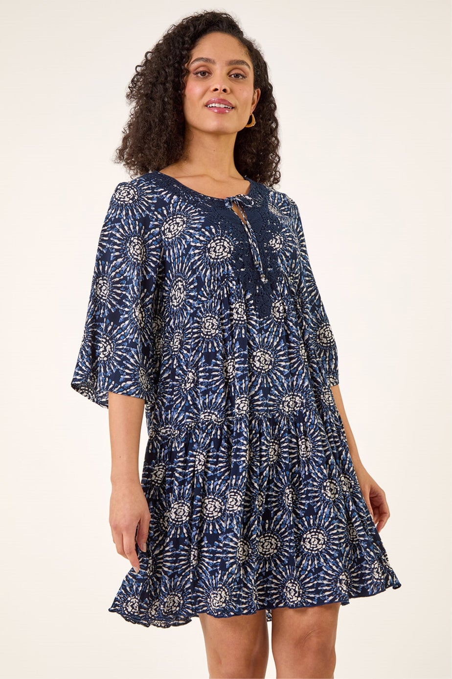 Roman Navy Geo Lace Detail Smock Dress