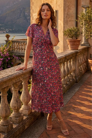 Roman Pink Petite Ditsy Floral Twist Midi Dress