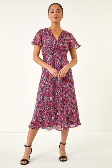 Roman Pink Petite Ditsy Floral Twist Midi Dress