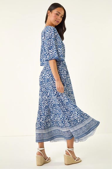 Roman Blue Petite Print Tassel Tie Waist Midi Dress
