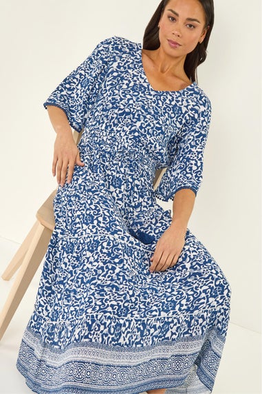 Roman Blue Petite Print Tassel Tie Waist Midi Dress