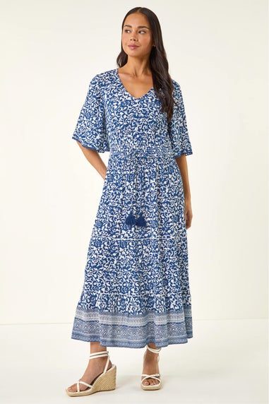 Roman Blue Petite Print Tassel Tie Waist Midi Dress