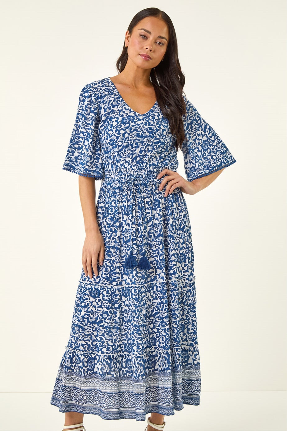 Roman Blue Petite Print Tassel Tie Waist Midi Dress