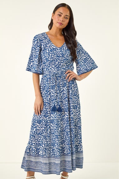 Roman Blue Petite Print Tassel Tie Waist Midi Dress