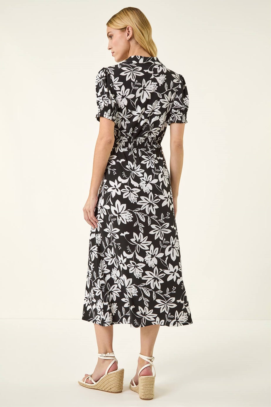 Roman Black Floral Shirred Collared Midi Dress
