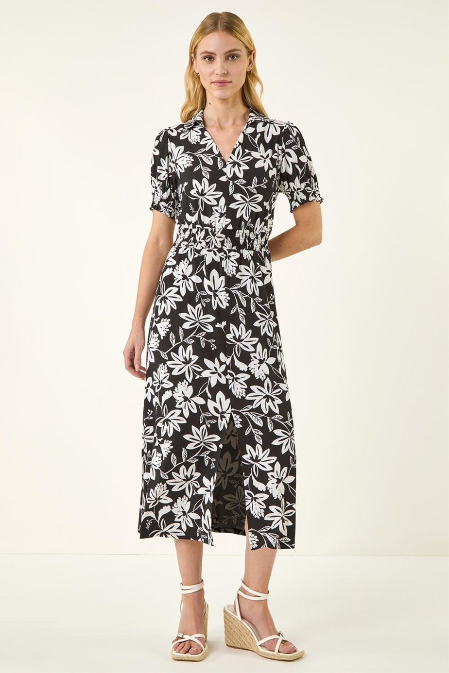 Roman Black Floral Shirred Collared Midi Dress