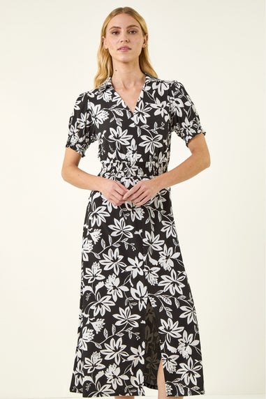 Roman Black Floral Shirred Collared Midi Dress