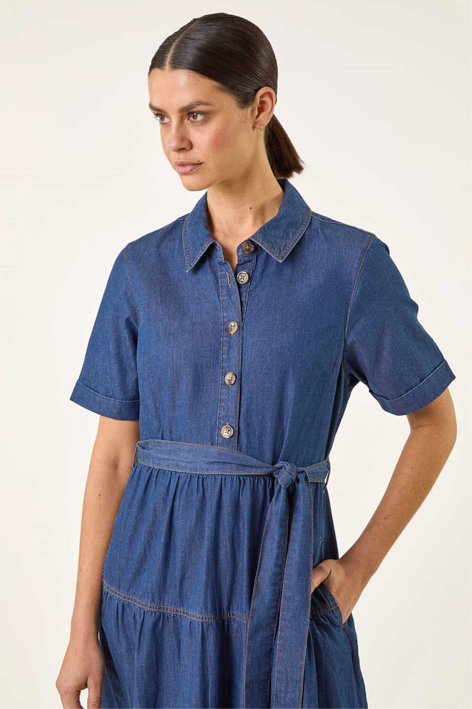 Roman Denim Button Detail Tiered Midi Dress