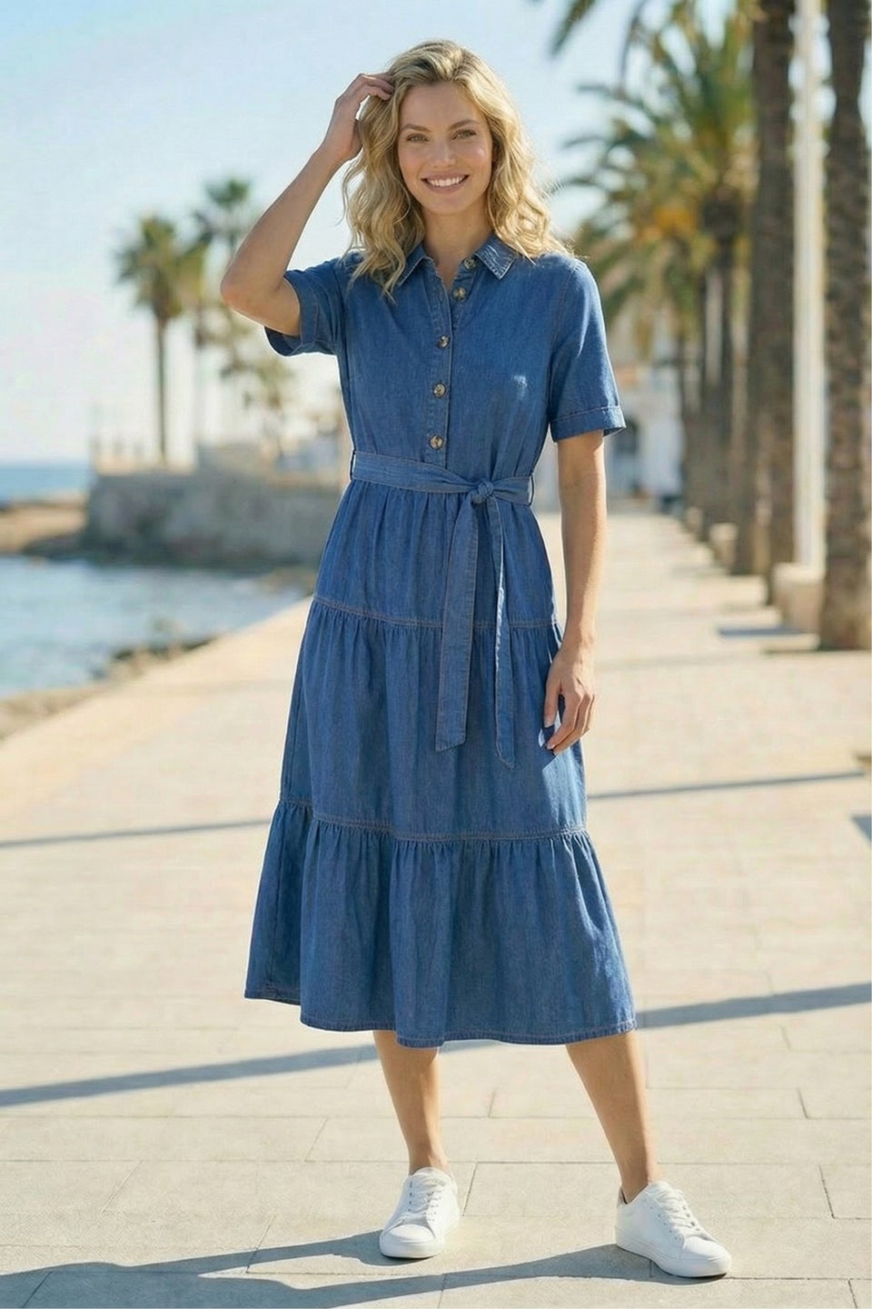 Roman Denim Button Detail Tiered Midi Dress